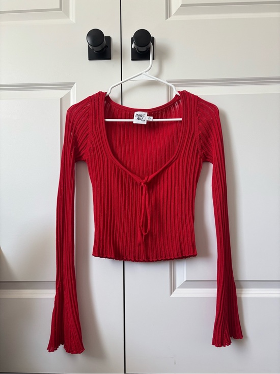 Princess Polly Tops - Princess Polly Red Ribbed Tie-Front Long Sleeve Crop Top